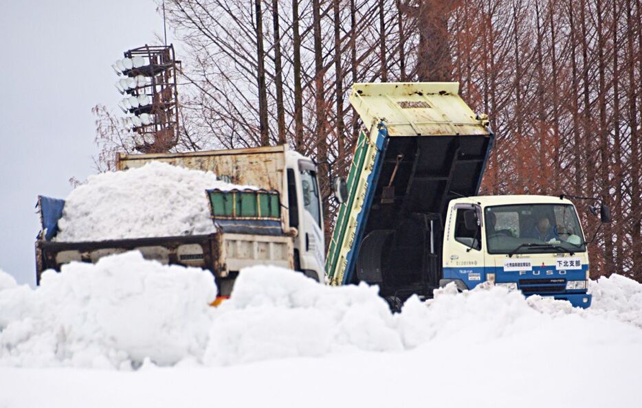 雪捨て場で排雪する県建設業協会下北支部から派遣されたトラック（右）＝7日午後4時ごろ、黒石市緑ケ丘