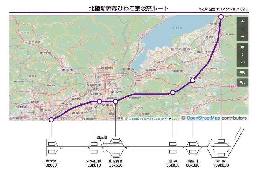 北陸新幹線びわこ京阪奈ルート（画像：北村幸太郎、OpenStreetMap）