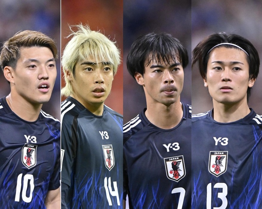 サッカー日本代表の堂安律、伊東純也、三笘薫、中村敬斗　撮影：中地拓也