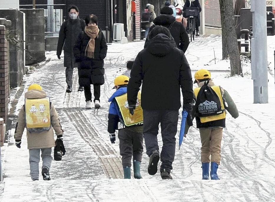 積雪の中を大人に付き添われて登校する児童たち（10日午前、福岡市城南区で）＝中山浩次撮影