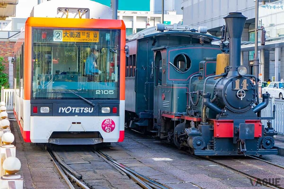 松山の市街を走る坊っちゃん列車と路面電車