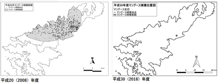 2008年と2018年の捕獲地点・範囲（環境省ホームページをもとに編集部で加工）