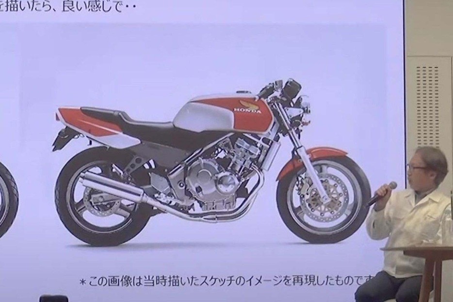 CBスーパーフォアシリーズ誕生のきっかけとなったCB-1にCB1100Rのタンクを載せたスケッチを再現したCG。デザイナーの岸敏秋氏らの2022年11月のトークショーで公開された。