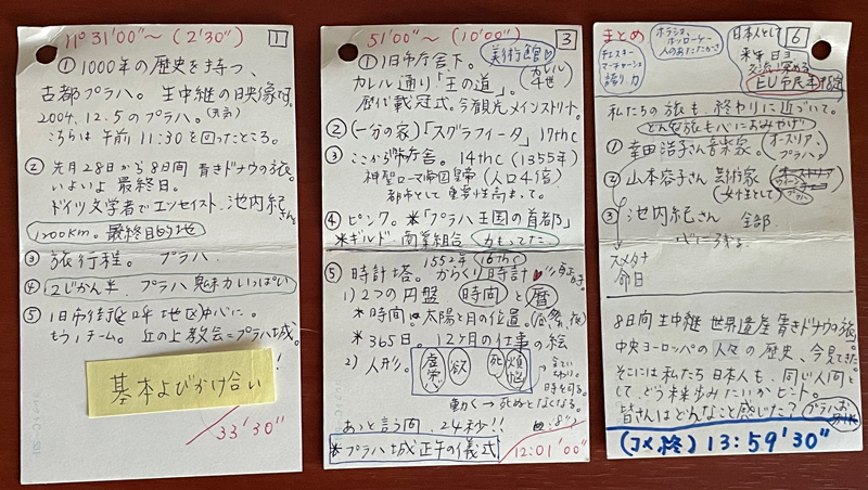 「喋る仕事の方」での手持ちメモ。30代、海外からの2時間半の生中継番組で伝える内容は、こんな風に整理していた。