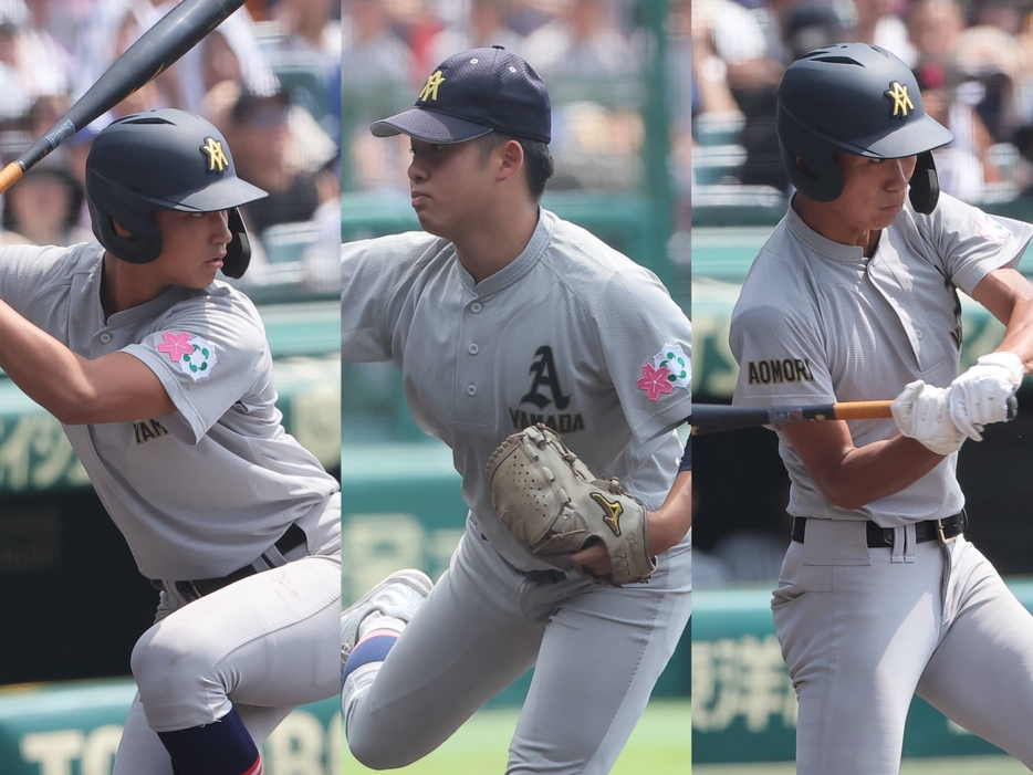 青森山田の（左から）蝦名 翔人内野手、下山 大昂投手、佐藤 洸史郎外野手