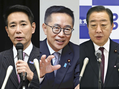 （右から）立憲民主党の野田代表、国民民主党の古川代表代行、日本維新の会の前原共同代表