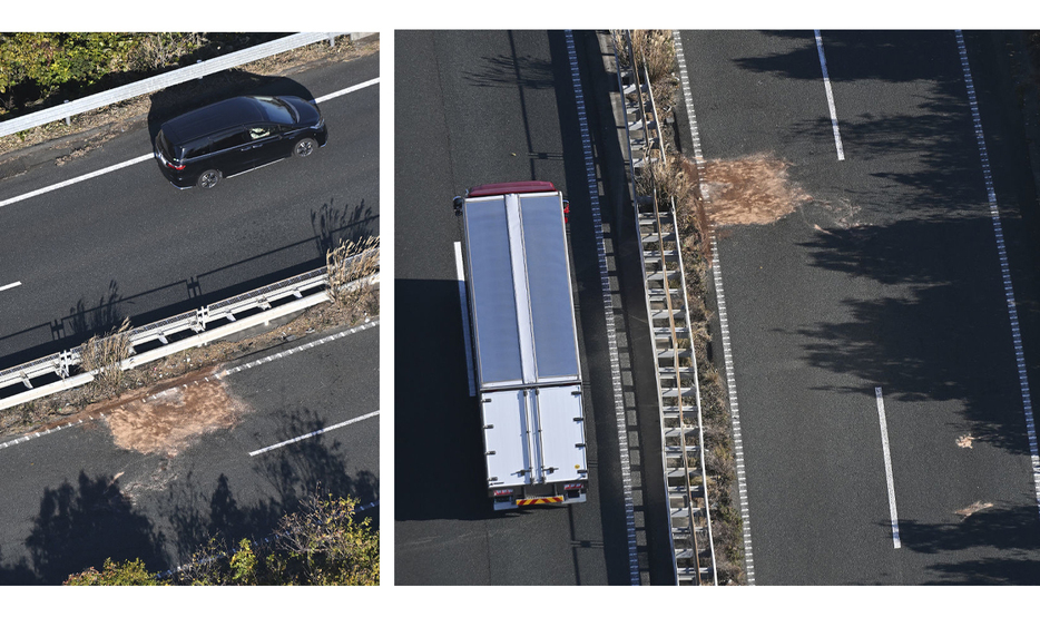 車が逆走し正面衝突の事故が起きた国道1号浜名バイパス下り線の現場付近＝2024年12月17日、浜松市中央区（静岡新聞社ヘリ「ジェリコ1号」から）