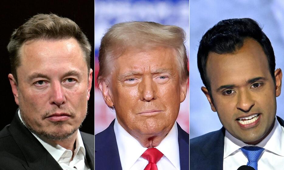 左からイーロン・マスク氏、トランプ氏、ビベク・ラマスワミ氏（AFP時事）