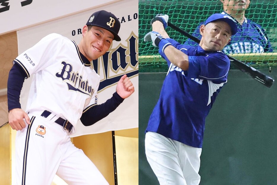 オリックスのドラフト１位・麦谷祐介(左)と、球団ＯＢでもあるイチロー氏