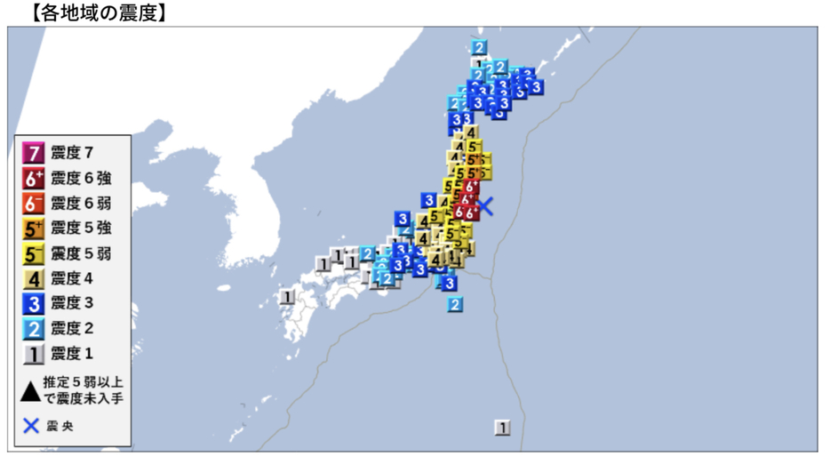宮城、福島で震度6強を観測したほか、北海道～九州地方の広い範囲で揺れを感じた（気象庁の発表資料より）