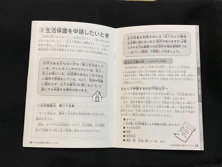 『路上脱出・生活SOSガイド』には生活保護の申請方法などが記載れている