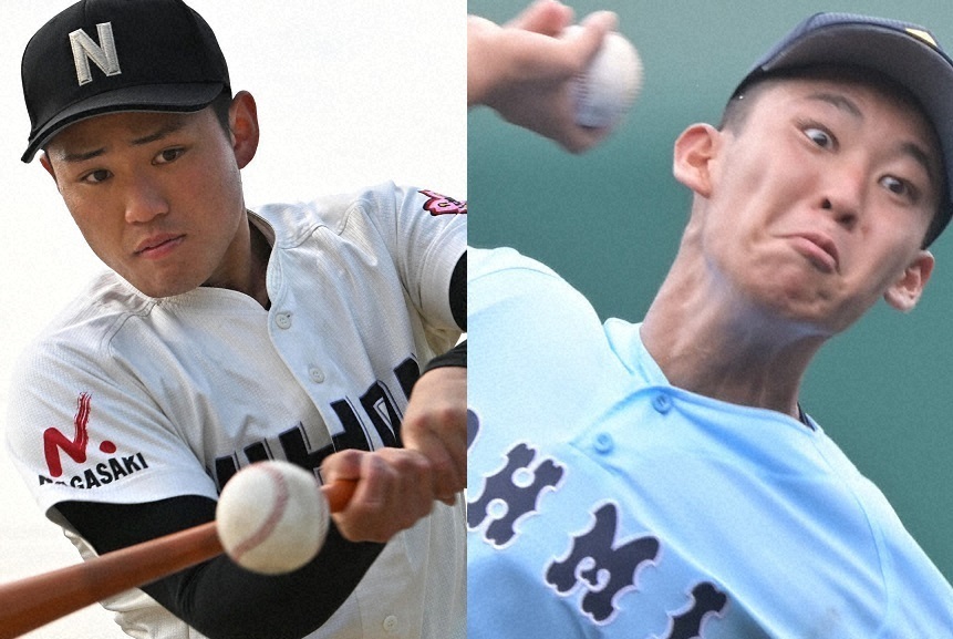 補欠校からの出場となった近江の山田陽翔（右）と長崎日大の河村恵太＝徳野仁子、平川義之撮影