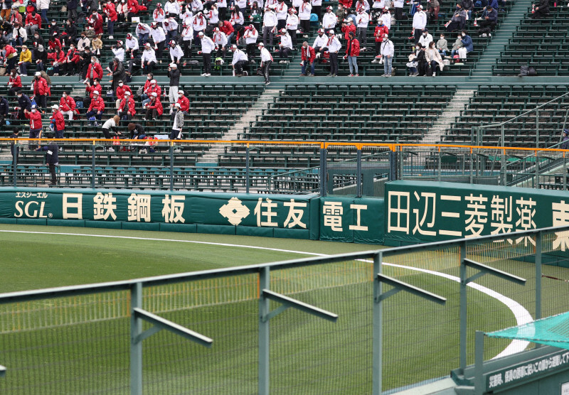 外野フェンスの手前に引かれた白線＝阪神甲子園球場で2022年3月19日、猪飼健史撮影