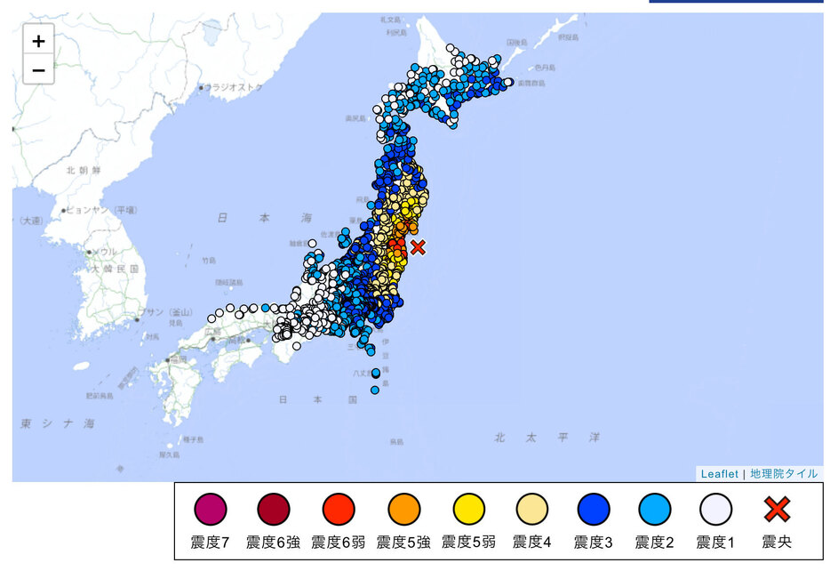 宮城県、福島県で震度6強（気象庁ホームページより）