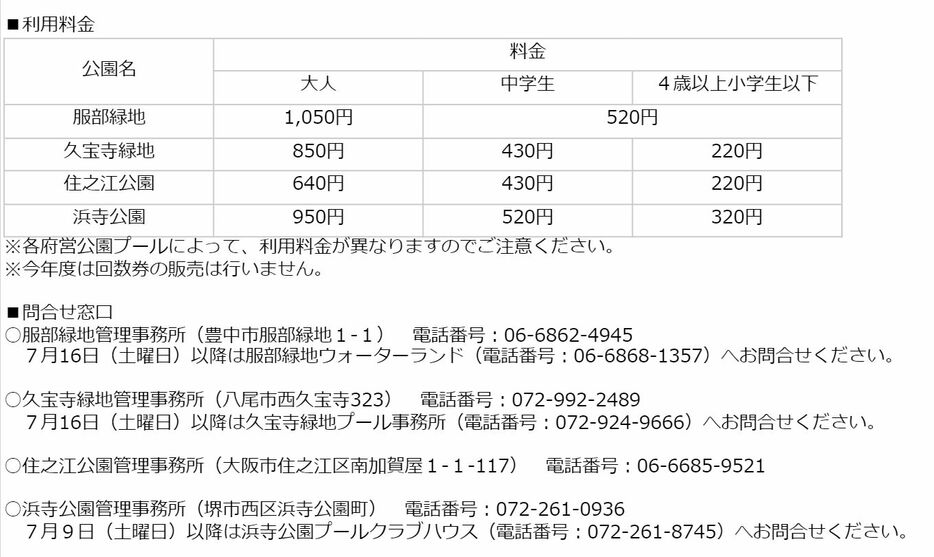 ［資料］府営公園プールの利用料金や問い合わせ先（大阪府公式サイトの発表資料から）