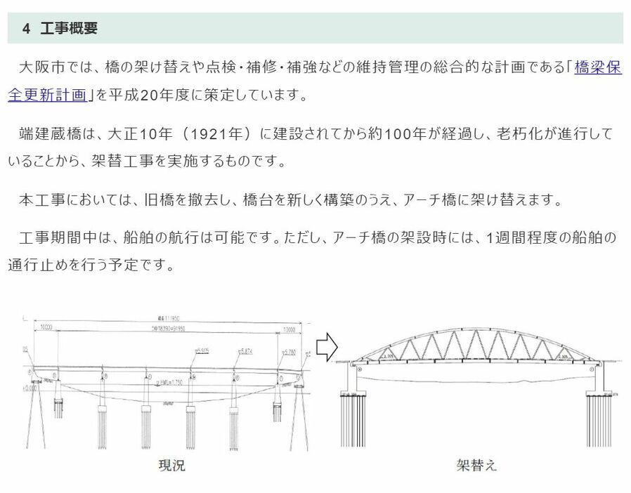 ［画像］端建蔵橋の工事概要図（大阪市の報道発表資料から）