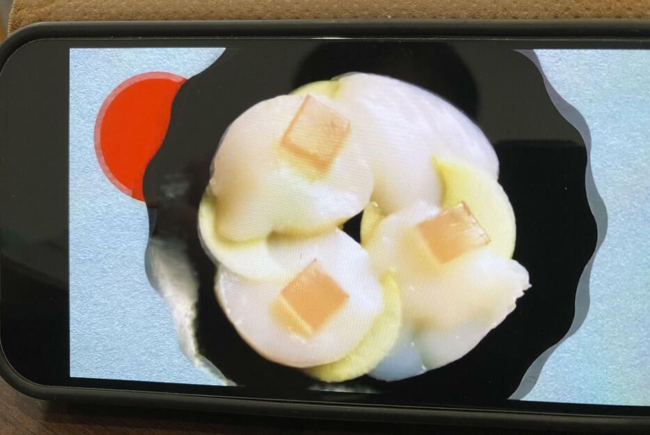 米CNNで流れているホタテのCMが映ったスマートフォンの画像（共同）