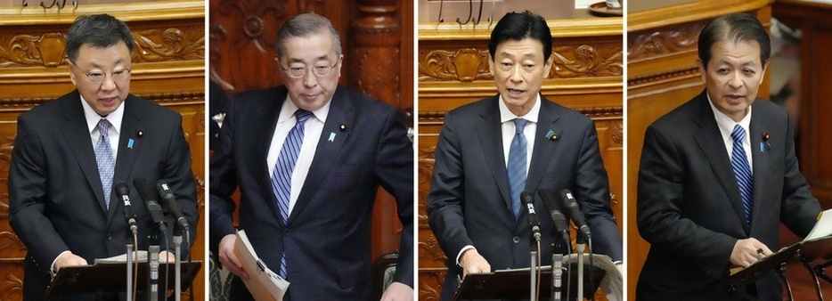 左から安倍派閣僚の松野官房長官、鈴木総務相、西村経産相、宮下農相＝11日午後、参院本会議