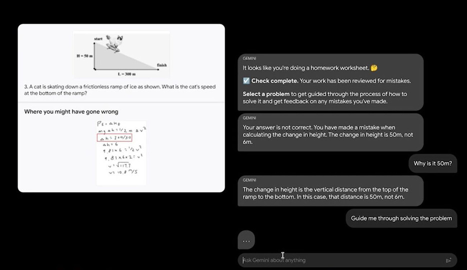 物理の宿題をチェックするグーグルのAI「ジェミニ」（同社公開のデモ映像から、共同）