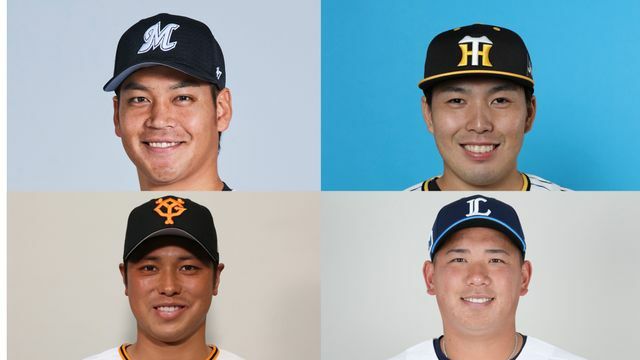 佐々木千隼投手(左上)、馬場皐輔投手(右上)、北村拓己選手(左下)、愛斗選手(右下)((C)千葉ロッテマリーンズ)