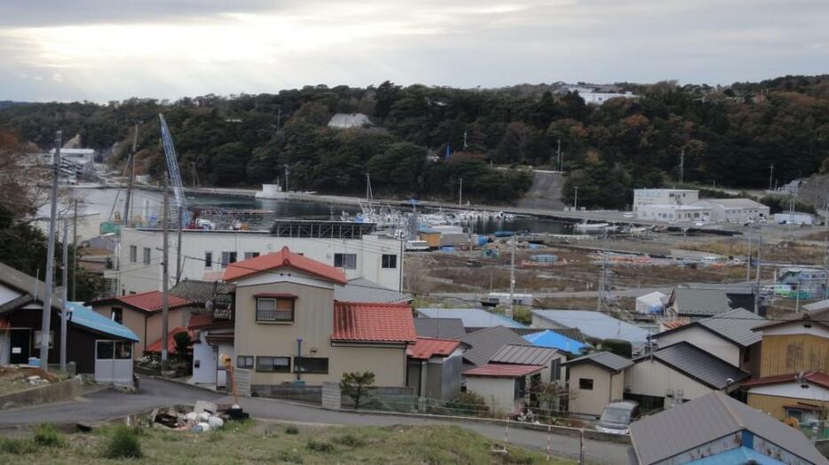 [写真]成田さんが避難した高台からみた鮎川浜