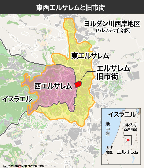 [地図]東西エルサレムと旧市街の位置関係