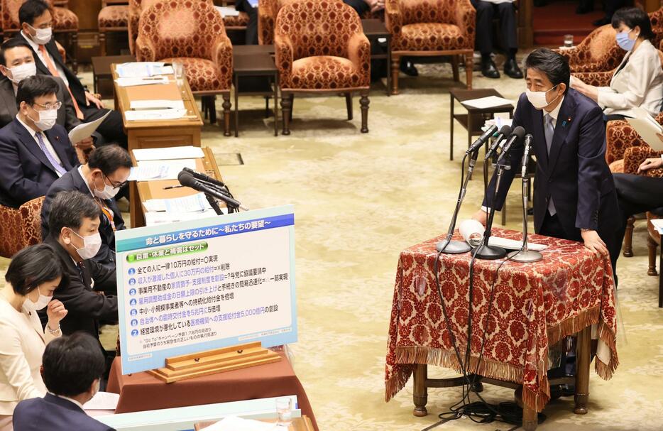 衆院予算委員会で答弁する安倍首相（右）4月28日撮影（写真：つのだよしお/アフロ）