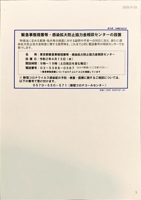 協力金の相談窓口も用意（記者会見の配布資料より）