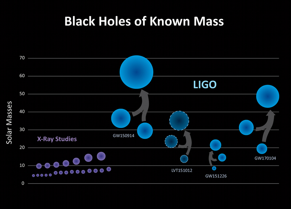 [画像]重力波で観測されたブラックホールの質量（青）。縦軸は太陽を1としたときの質量を表す。X線の観測によるブラックホールの質量（紫）よりも重い天体がたくさん見つかった（提供：LIGO/Caltech/Sonoma State (Aurore Simonnet)）