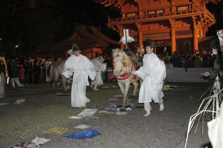 鹿島神宮では今も1月7日にかつての宮中行事の白馬節会にちなむ白馬祭（おうめさい）を斎行している。白馬に踏まれたものは縁起がいいとして、参列者がハンカチなどを白馬の通り道に敷く風習がある