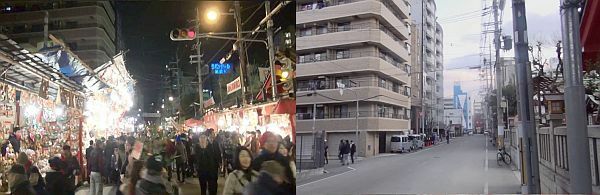 [写真]11日まで盛り上がりを見せた今宮戎神社前（左）も12日にはすっかり平常に戻り、道路そうじなども行われていた（大阪市浪速区で）