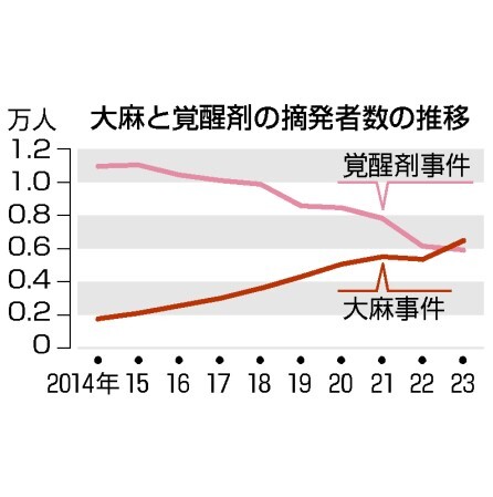 大麻と覚醒剤の摘発者数の推移