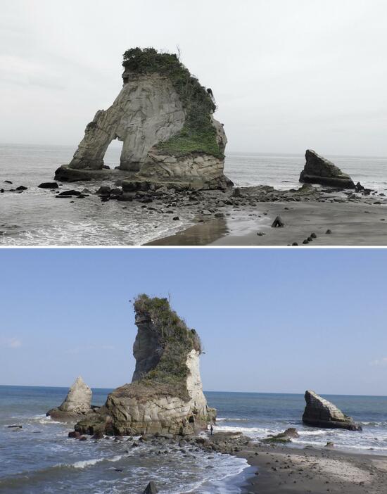 千葉県いすみ市の海岸にある観光地「夫婦岩」（上、2023年6月）。岩のトンネル状になっている所の天井部分が崩れ落ちていた＝4日（千葉県夷隅土木事務所提供）