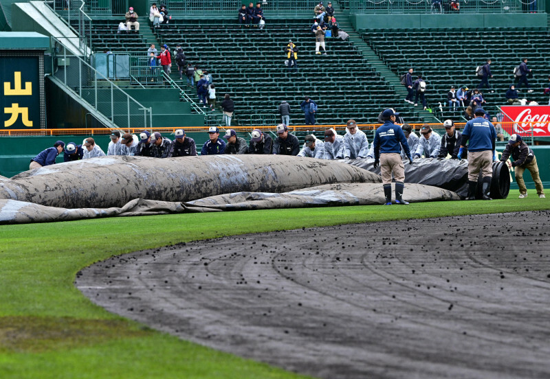 試合開始の準備をする阪神園芸のスタッフ＝阪神甲子園球場で2024年3月26日、北山夏帆撮影