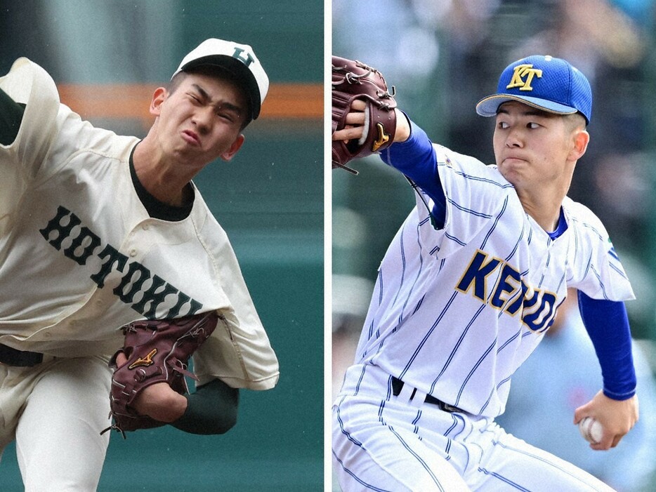 報徳学園の今朝丸裕喜投手（左）と健大高崎の佐藤龍月投手