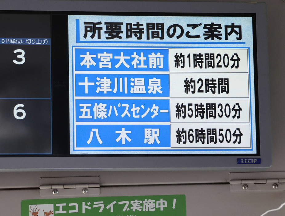 大和八木駅行きのバス車内に表示される所要時間の案内