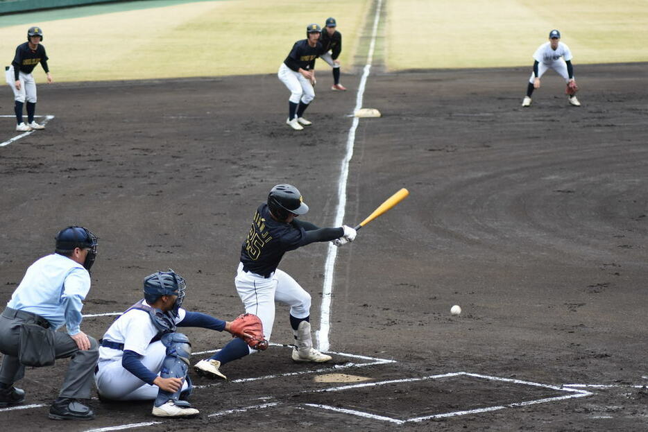 小沢陸蒔がしぶとく二塁前に打球を転がして三塁走者の渡辺大世が生還、先制点をもぎ取った＝静岡県沼津市の愛鷹球場で２０２４年３月６日、竹田直人撮影