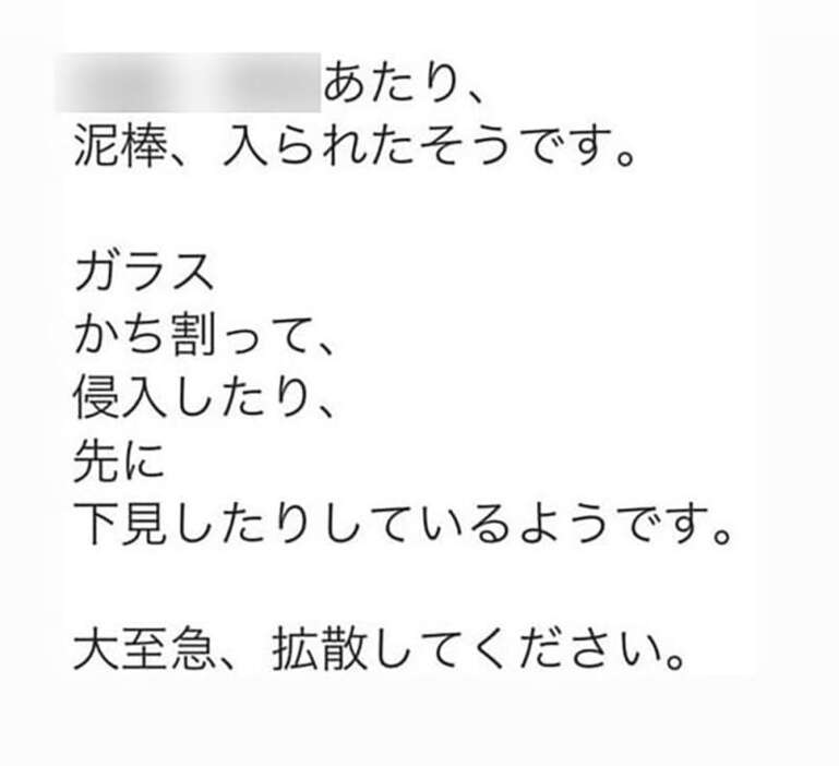 Ｘ（旧ツイッター）に投稿された、被災地に窃盗団が出没しているとのデマ。外国人による犯行と記されていた（画像の一部を加工しています）