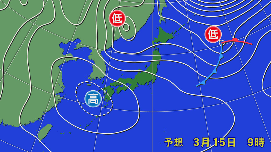 15日(金)午前9時の予想天気図