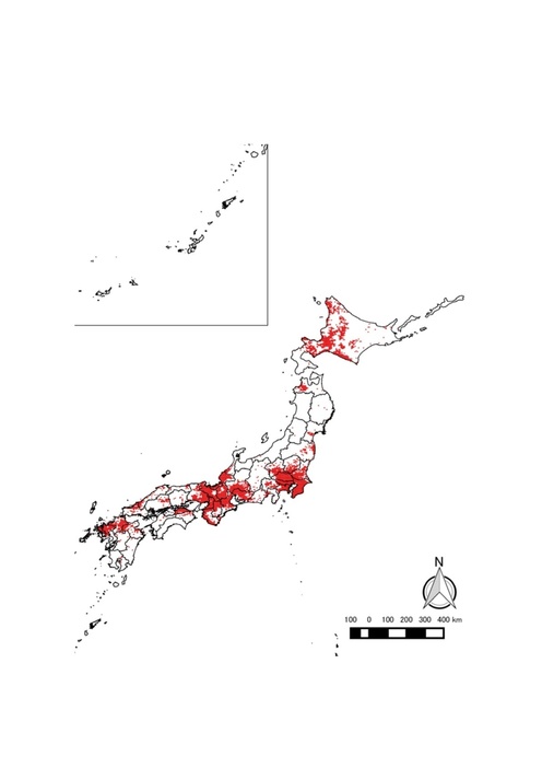 図6. 2010年から2017年に確認された日本国内におけるアライグマ分布情報（環境省提供）