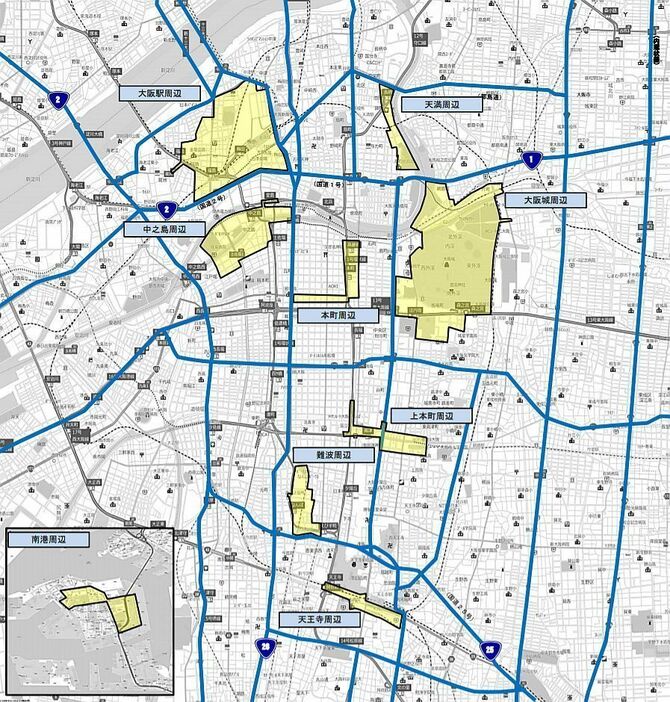 ［図］大阪市内の交通規制エリア図（う回路図）（提供：大阪府警）