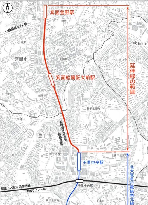 ［図］北大阪急行の延伸区間（北大阪急行の発表資料から）