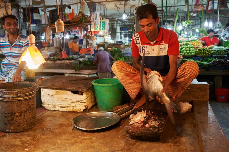 ルイと呼ばれるコイ科の魚の鱗を専用の刃物で取り除いている。大河や水郷が多いバングラデシュでは川魚を使った料理が多い＝ダッカ・ポラシバザールにて（2019年4月撮影）