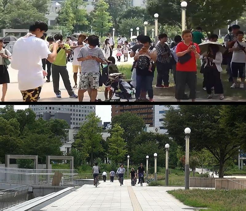 [写真]ポケモンGOを楽しむ人であふれかえっていた昨年7月27日の扇町公園（上）と27日午後の同公園=大阪市北区で