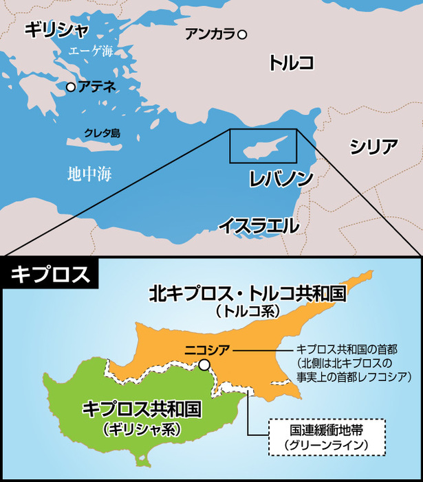 [地図]キプロスとギリシャ、トルコの位置関係