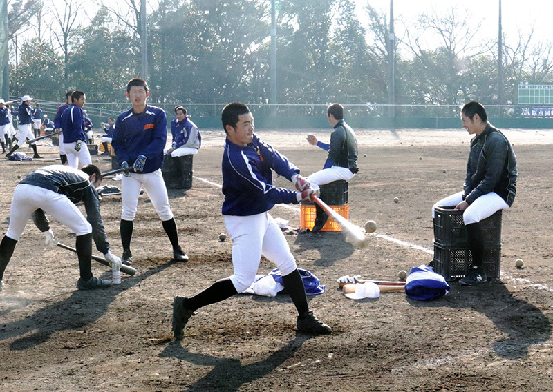 バッティング練習に打ち込む明豊の選手たち＝大分県別府市の同校グラウンドで、田畠広景撮影