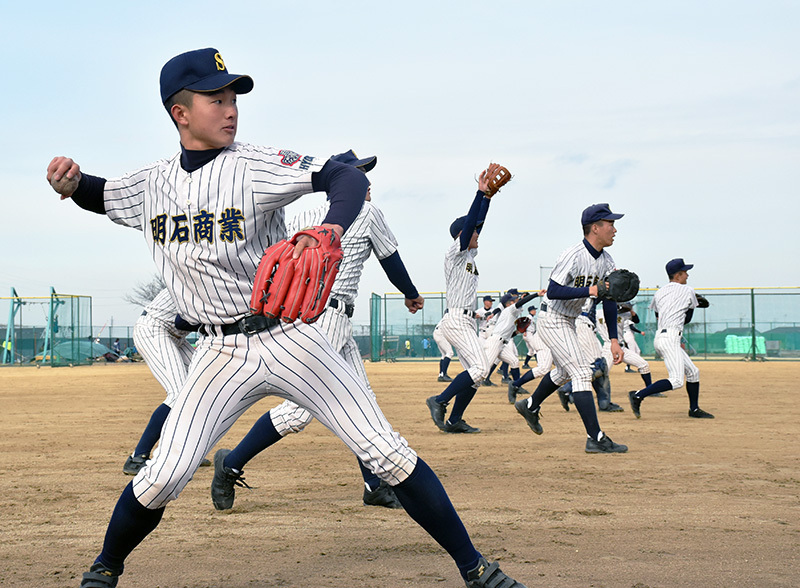 「明商ストライプ」のユニホームを着て練習する明石商の野球部員たち＝兵庫県明石市の同校で、黒詰拓也撮影