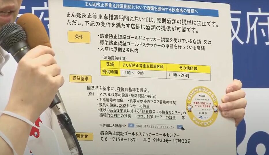 [写真]吉村知事が会見で掲げた、まん延防止重点措置期間において種類を提供する飲食店に向けての説明文