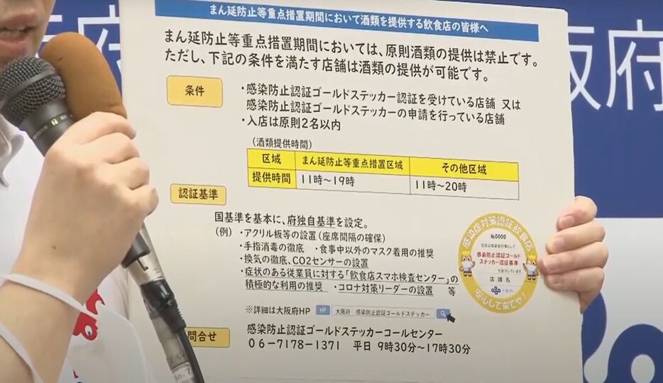 [写真]吉村知事が会見で掲げた、まん延防止重点措置期間において種類を提供する飲食店に向けての説明文