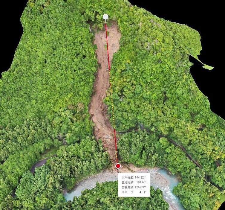 和歌山県田辺市内で昨年６月にあった土砂崩れ現場のデジタルツイン画像。パソコン上で崩落面積などを把握できる